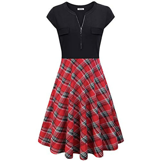 AxByCzD Womens Vintage V Neck Cap Sleeve Casual Patchwork A Line Dress 